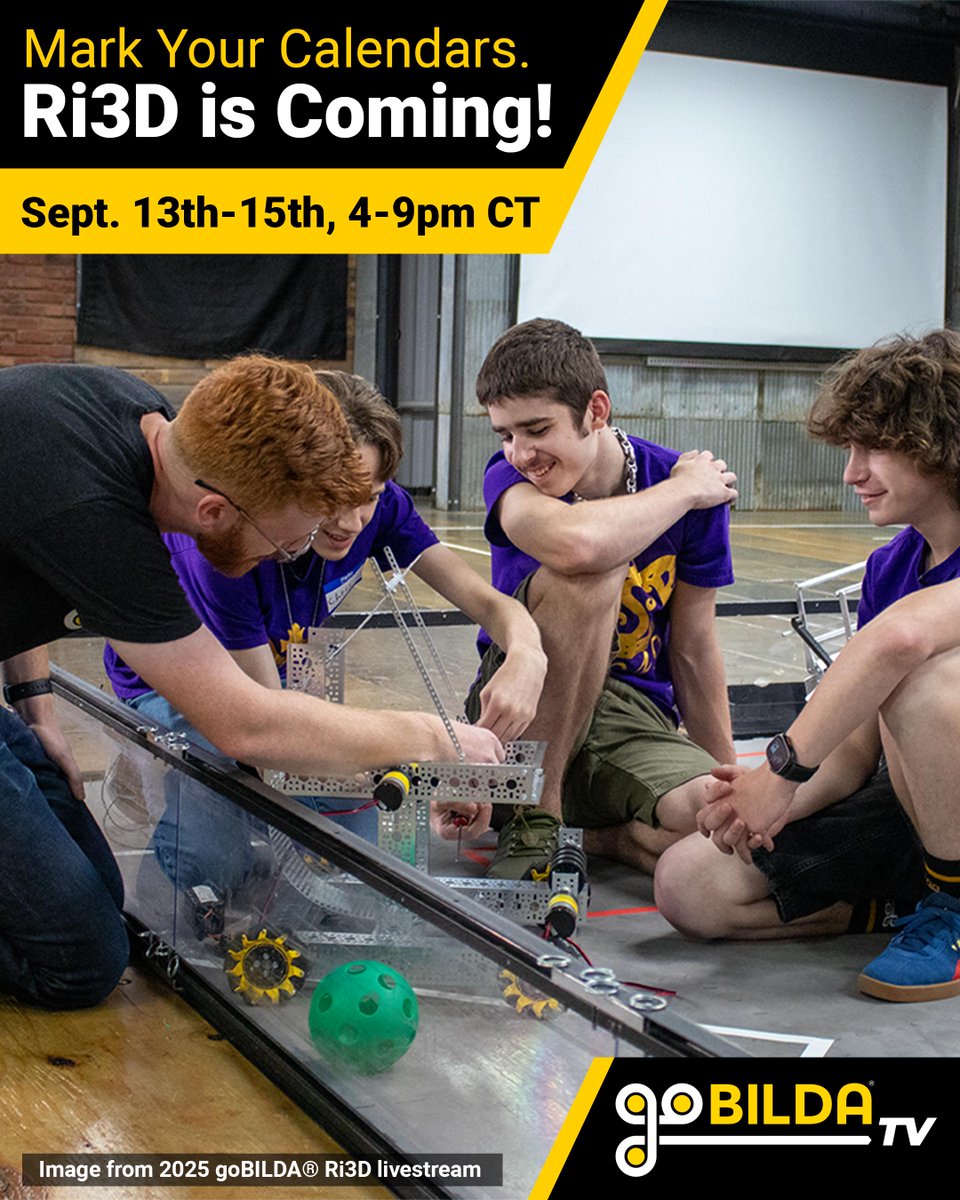 goBILDA's tweet photo. Ri3D returns September 13th–15th, bringing three days of building, testing, and rapid innovation as teams take on BIOBUZZ™ presented by RTX.

Live from 4–9 PM CT with special guests I.C.E. Robotics and check-ins with our remote Ri3D team LOAD Robotics!
https://t.co/WLUCK0ON4i https://t.co/ddVZmbwsyj