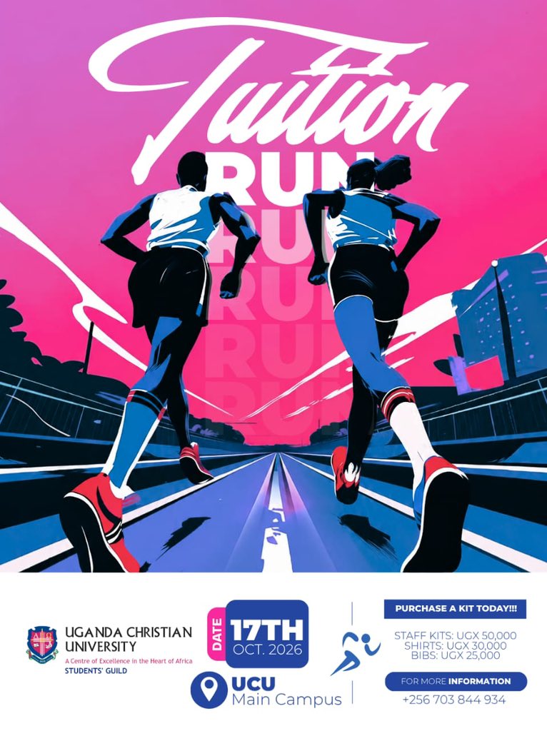 theucuguild's tweet photo. The Deputy Vice Chancellor for Finance & Administration, Mr. David Mugawe, has officially launched the UCU Guild Run 2026 under the theme: “Keeping Students in Class, Building Futures.”
The event will take place on October 17, 2026, and the funds raised will support students facing financial challenges and help keep them in class and on track to achieve their dreams.
Vest: Shs25,000
T-shirt: Shs30,000
Full Kit: Shs50,000

#GuildTuitionRun2026 
#CommissionedStewards