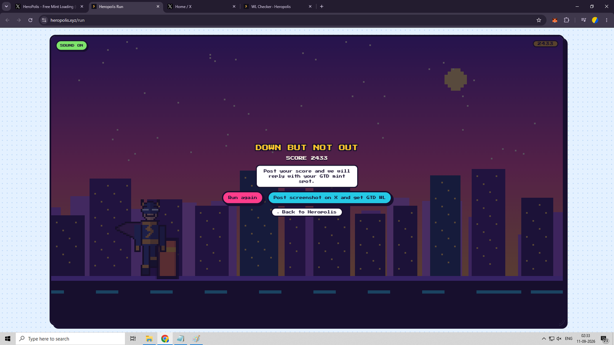 SChandel07's tweet photo. 0xcBCDC6B6DC6c6320D0f9987A420180AF4630C100
I scored 2433 in HEROPOLIS RUN by @theheropolis. Ready to save the hood.

Going for a Free Mint WL spot. https://t.co/RprTlw5Kt0