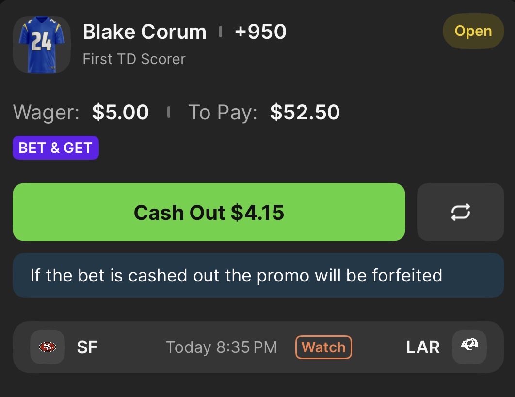 TheProfit_AI's tweet photo. All over Corum finding the end zone tonight. 

Longshot play coming shortly before game time… https://t.co/sjIyQBCfGg