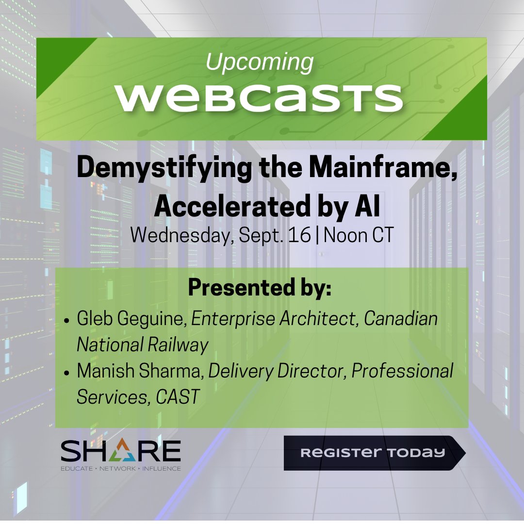 SHAREhq's tweet photo. Discover how software intelligence can help you map application dependencies, assess modernization strategies, and confidently navigate complex mainframe environments.

Join experts from CN Rail and CAST on September 16 at 12 p.m. CT: https://t.co/Lpqd8TUPP3 https://t.co/UW3WUNkgvD
