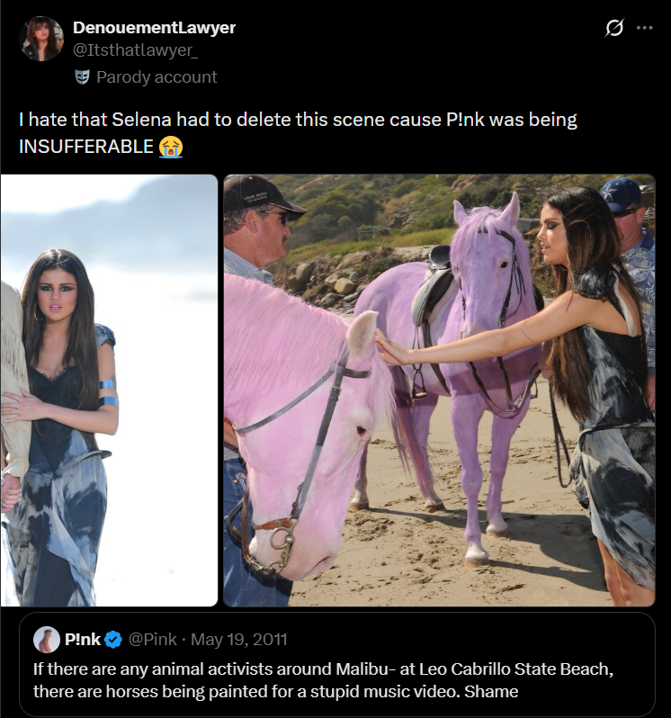 HenMazzig's tweet photo. So P!nk not condemning every Israeli to die is such a horrible sin that we're going to pretend that dyeing horses pink as props for a music video is fine? Come on.

It's so pathetic, going back over a decade ago to find anything to complain about because you've decided she's public enemy number one is sad behavior.