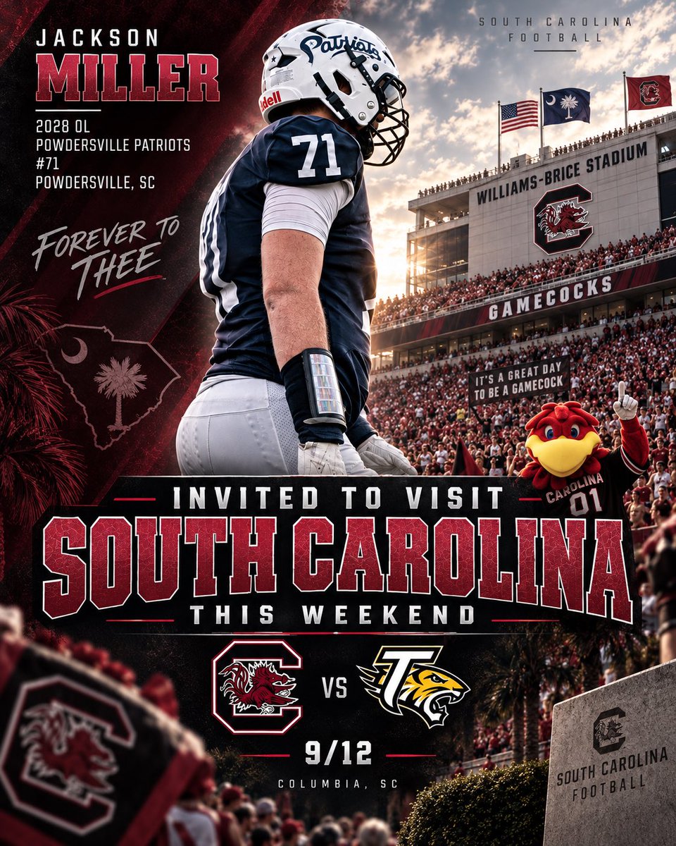 BigRedJax's tweet photo. Thankful for the opportunity to visit South Carolina this weekend for the Towson game! Excited to get back to Columbia, spend time with the staff, and continue building relationships.

@GamecockFB @CoachSBeamer @JasonSmith_OL @CoachClements
@powdersvillefb @CoachRobinBacon @coachhudg @alonzobowens21 
@247Sports @AnnaH247 @Andrew_Ivins @PrepRedzoneSC @iGuerin 

Jackson Miller | 2028 OL | #71
6’6” | 265 lbs | Powdersville High School

#SpursUp #AGTG #ClassOf2028 #OL #RecruitSC #SCFootball