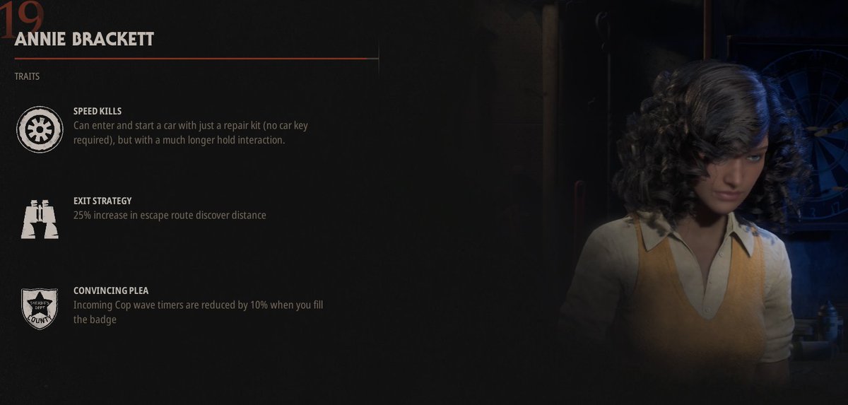 MlSERYEMPIRE's tweet photo. ALL UNIQUE CIVILIAN ABILITIES

👩‍🔧annie brackett - can repair car with a toolkit (no key)
🍻bob - immune to the effects of being drunk
👊rachel callahan - 40%+ damage to bloodthirst meter while attacking
🔦lynda - 50%+ blind duration of flashlights

(reduced stats to compensate) https://t.co/cbKutxoV2H