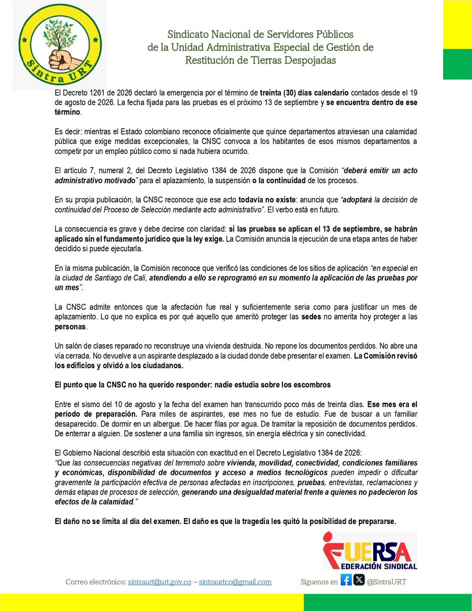 SintraURT's tweet photo. El decreto ordenó proteger personas, mientras tanto la @CNSCColombia verificó que los salones estuvieran de pie y no preguntó por quienes deben sentarse en ellos. Nadie estudia sobre los escombros! 1/2 https://t.co/EpBFeEPSN8