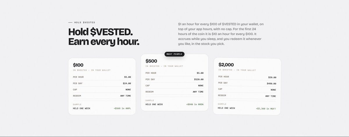 vestedclaim's tweet photo. Imagine getting cashback on:

$AAPL 
$AMZN 
$NVDA 

Just by holding, your everyday bills are on us.

Tiers are launching next, with extended rewards for holders 👀 https://t.co/Wu5dlrqkW9