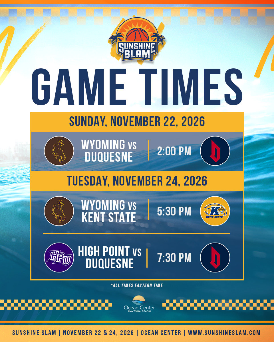 Gazelle_Events's tweet photo. 🏀☀️ GAME TIMES ARE SET!

The 7th annual Sunshine Slam is bringing four teams and three exciting matchups to Daytona Beach! 🌴

📅 Sunday, Nov. 22
🏀 Wyoming vs. Duquesne | 2:00 PM

📅 Tuesday, Nov. 24
🏀 Wyoming vs. Kent State | 5:30 PM
🏀 High Point vs. Duquesne | 7:30 PM

📍 Ocean Center | Daytona Beach, FL

🎟️ Get your tickets now and don’t miss the action!

#SunshineSlam #CollegeHoops #DaytonaBeach