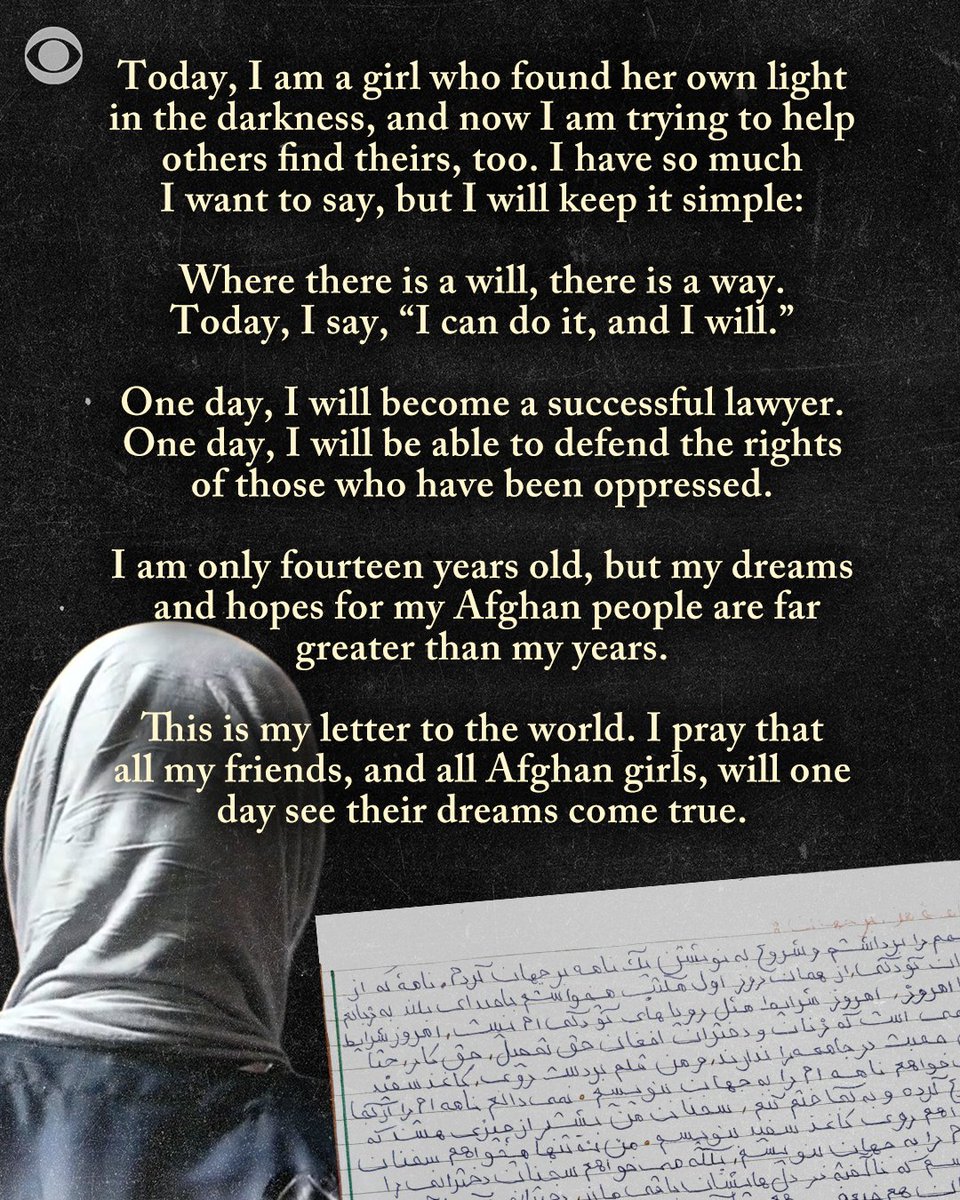 CBSNews's tweet photo. We went inside a secret school in Afghanistan, where more than 30 girls risk being arrested for gathering in the basement of a private home to continue their education under Taliban rule. As we were leaving, their teacher handed CBS New's @ImtiazTyab 21 letters the girls wrote by hand for us. They called them “Letters to the World.”

The girls poured their hopes, fears and dreams onto those pages, knowing they might never get the chance to share them with the outside world themselves. They wrote about the education they lost, the futures they still dream of and their simple wish to live freely as girls.

They trusted us to carry their voices beyond that basement. And we promised them we would.
These are their voices, in their own words.

To read all 21 letters: https://t.co/vL8loPCahM