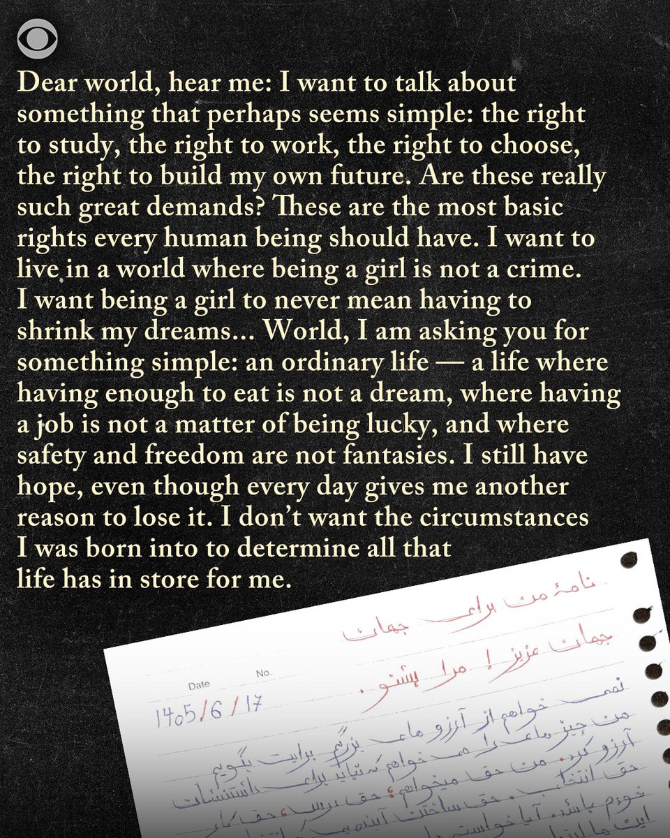 CBSNews's tweet photo. We went inside a secret school in Afghanistan, where more than 30 girls risk being arrested for gathering in the basement of a private home to continue their education under Taliban rule. As we were leaving, their teacher handed CBS New's @ImtiazTyab 21 letters the girls wrote by hand for us. They called them “Letters to the World.”

The girls poured their hopes, fears and dreams onto those pages, knowing they might never get the chance to share them with the outside world themselves. They wrote about the education they lost, the futures they still dream of and their simple wish to live freely as girls.

They trusted us to carry their voices beyond that basement. And we promised them we would.
These are their voices, in their own words.

To read all 21 letters: https://t.co/vL8loPCahM
