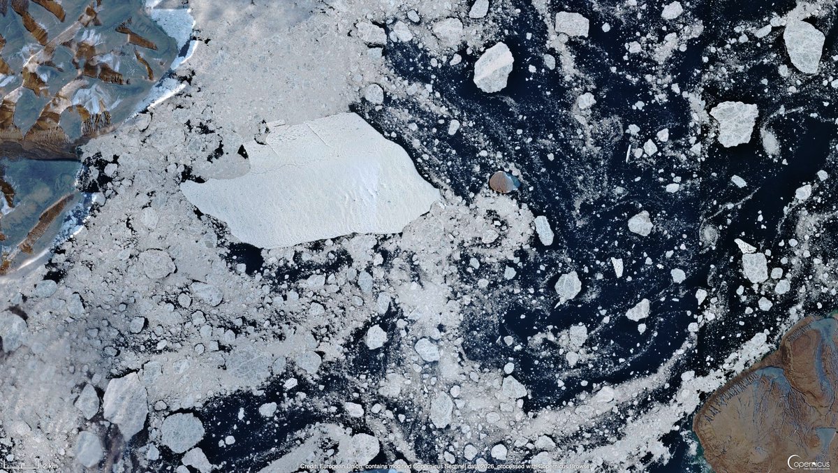 csa_asc's tweet photo. A 72 km² piece of glacier is currently drifting in Canadian waters! In August, a huge ice mass broke off from the Petermann Glacier in northwest Greenland. For now, it continues its journey south towards Baffin Bay. https://t.co/FVP17kZpUG