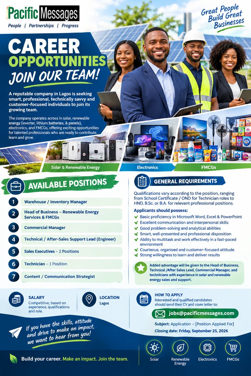 PacificMessages's tweet photo. VACANCIES

HOW TO APPLY
Interested and qualified candidates should send their CV and cover letter to:
jobs@pacificmessages.com
Subject: Application – [Position Applied For]
Closing date:  Friday, September 25, 2026

https://t.co/G2E7UBheSn https://t.co/OIoqVVxOPk