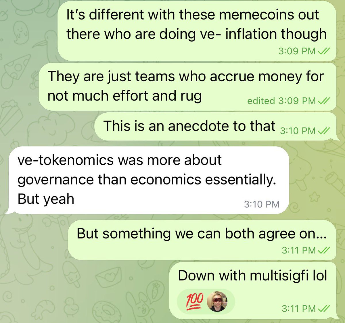 defidave's tweet photo. When it comes to true DeFi, @newmichwill is a pioneer in the way he set up the @CurveFinance treasury.

While the Curve Treasury prevents governance capture, @UFGDeFi’s Immutable Treasury is a check on economic capture.

But what we both agree on is Down with MultisigFi! https://t.co/CYD8WydpV7