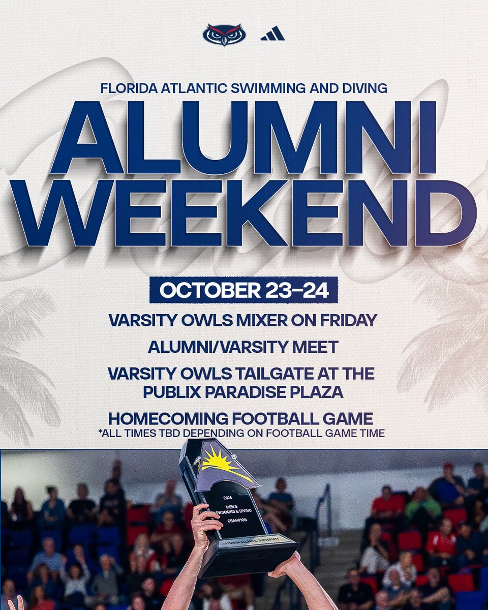 FAUSwimDive's tweet photo. 𝐀𝐥𝐮𝐦𝐧𝐢 𝐖𝐞𝐞𝐤𝐞𝐧𝐝 𝐢𝐬 𝐛𝐚𝐜𝐤!

Excited to welcome all of our swimming &amp; diving alumni back to Paradise, October 23rd and 24th for a great weekend. 

Register with the Varsity Owls Alumni Network at https://t.co/3DgE3FbRXy

#WIP🏝️ https://t.co/O5cePp0ROE
