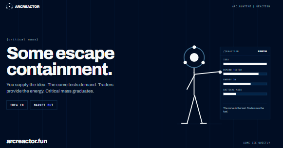 arcreactor_fun's tweet photo. Think of ArcReactor as an onchain reactor for ideas.

You supply the idea.

The bonding curve tests demand.

Traders provide the energy.

And if it reaches critical mass, it graduates into a Uniswap v4 market.

Some experiments die.

Some escape containment. ⚛️ https://t.co/HDSmtc1ODe