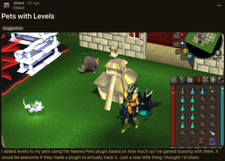RuneMarketGG's tweet photo. DEVELOPING: OSRS players are turning pets into full RPG companions. Community experiments now include custom names, levels and bossing XP, with calls for RuneLite to track pet progression automatically. https://t.co/2EdNa8hzpV