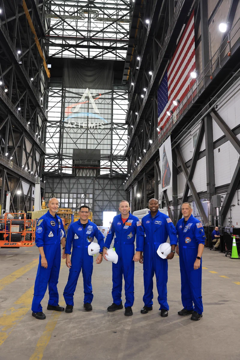 The Artemis III primary and back-up crew members pose for a photograph on Sept. 2, 2026, inside the Vehicle Assembly Building at NASA's Kennedy Space Center in Florida. From left, ESA (European Space Agency) astronaut Luca Parmitano, pilot; NASA astronaut Frank Rubio, mission specialist; NASA astronaut Randy Bresnik, commander; NASA astronaut Andre Douglas, mission specialist; and NASA astronaut Bob Hines, backup crew member. Credit: NASA/Kim Shiflett
