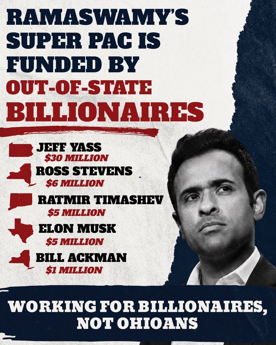 amyactonoh's tweet photo. Vivek Ramaswamy’s campaign is powered by out-of-state billionaires. And the million-dollar checks he writes himself. https://t.co/09uuhwMrRf