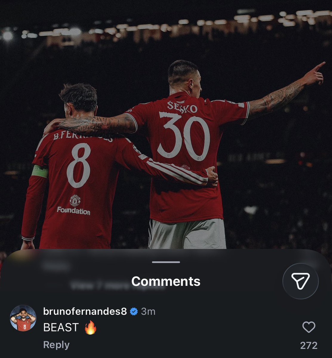 FrankEra_'s tweet photo. 🚨📸 | Bruno Fernandes replies to Benjamin Sesko on Instagram:

“BEAST 🔥” https://t.co/6UXi4caGTY