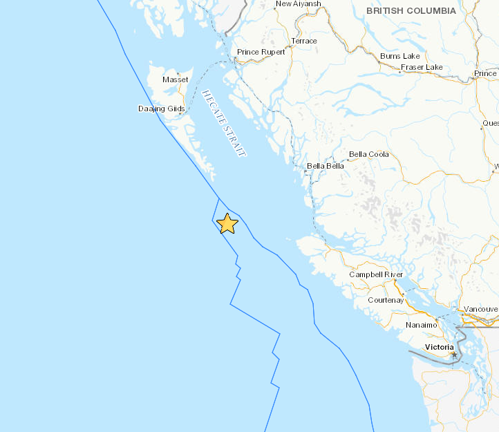 Earthquake epicentre 221 km WNW of Port Hardy, BC.