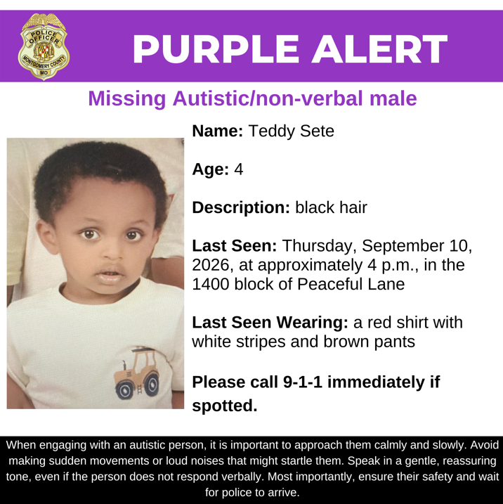 mcpnews's tweet photo. Detectives from the Montgomery County Department of Police – Special Victims Investigations Division are asking for the public’s assistance in locating Teddy Sete, a missing 4-year-old non-verbal autistic male. 

https://t.co/kIxjiGIg7x

#MCPNews #MCPD #MissingPerson https://t.co/OmEhoUCCra
