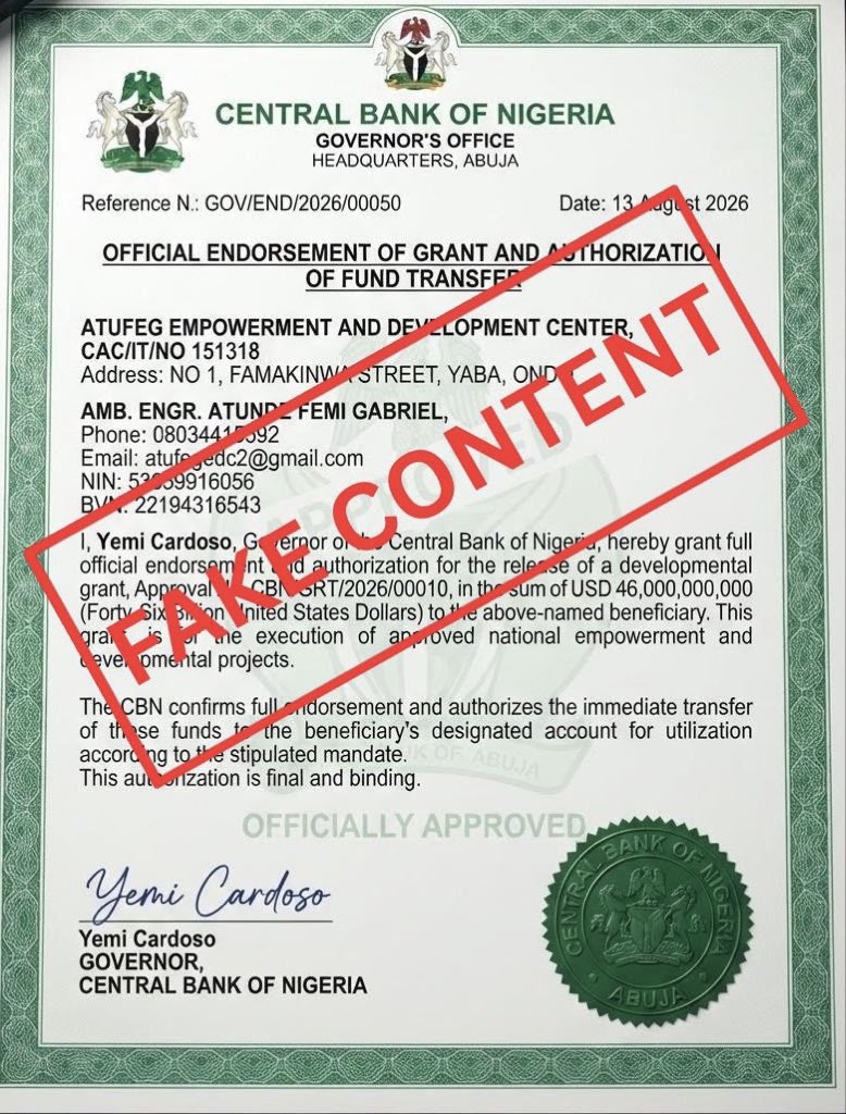 cenbank's tweet photo. This content is FAKE. Let the public be guided.

#CBN https://t.co/hoD2gQuRPV