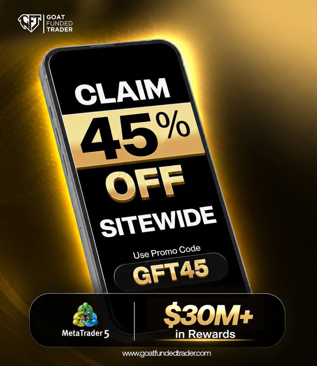 D__Alchemist's tweet photo. 🚨 GFT45 PROMO IS LIVE 🚨

🔥 45% OFF ALL GFT ACCOUNTS
🎟️ Code: GFT45

Get funded with @GoatFunded today using code:GFT45 https://t.co/rJDRjDypQp