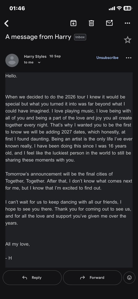 IGOLDENMV's tweet photo. so this email is real🥲 Harry, you lovely rare species, you never fail to impress me with your thoughtfulness. I hope I get to meet you one day and express myself in person. I will definitely support you no matter what you choose to do after the tour, you’ve got my love always🩷 https://t.co/8vQNAAp4UK