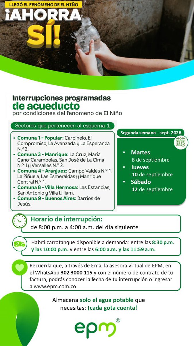 EPMestamosahi's tweet photo. Compartimos los horarios sobre el esquema 1 de las interrupciones programadas de acueducto por las condiciones del fenómeno de El Niño.  📅 https://t.co/oRoxdUugnp