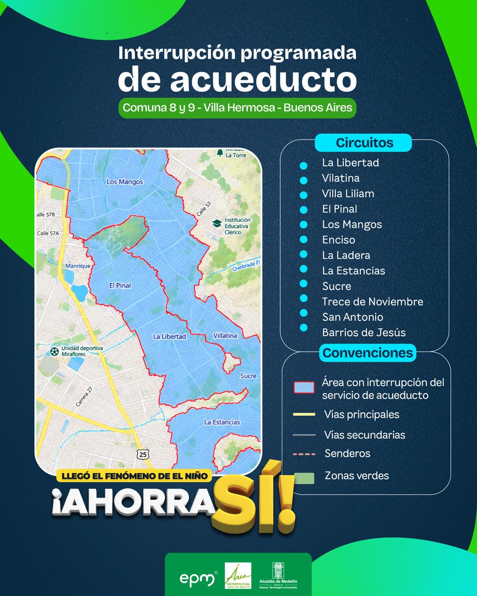 EPMestamosahi's tweet photo. Compartimos los horarios sobre el esquema 1 de las interrupciones programadas de acueducto por las condiciones del fenómeno de El Niño.  📅 https://t.co/oRoxdUugnp