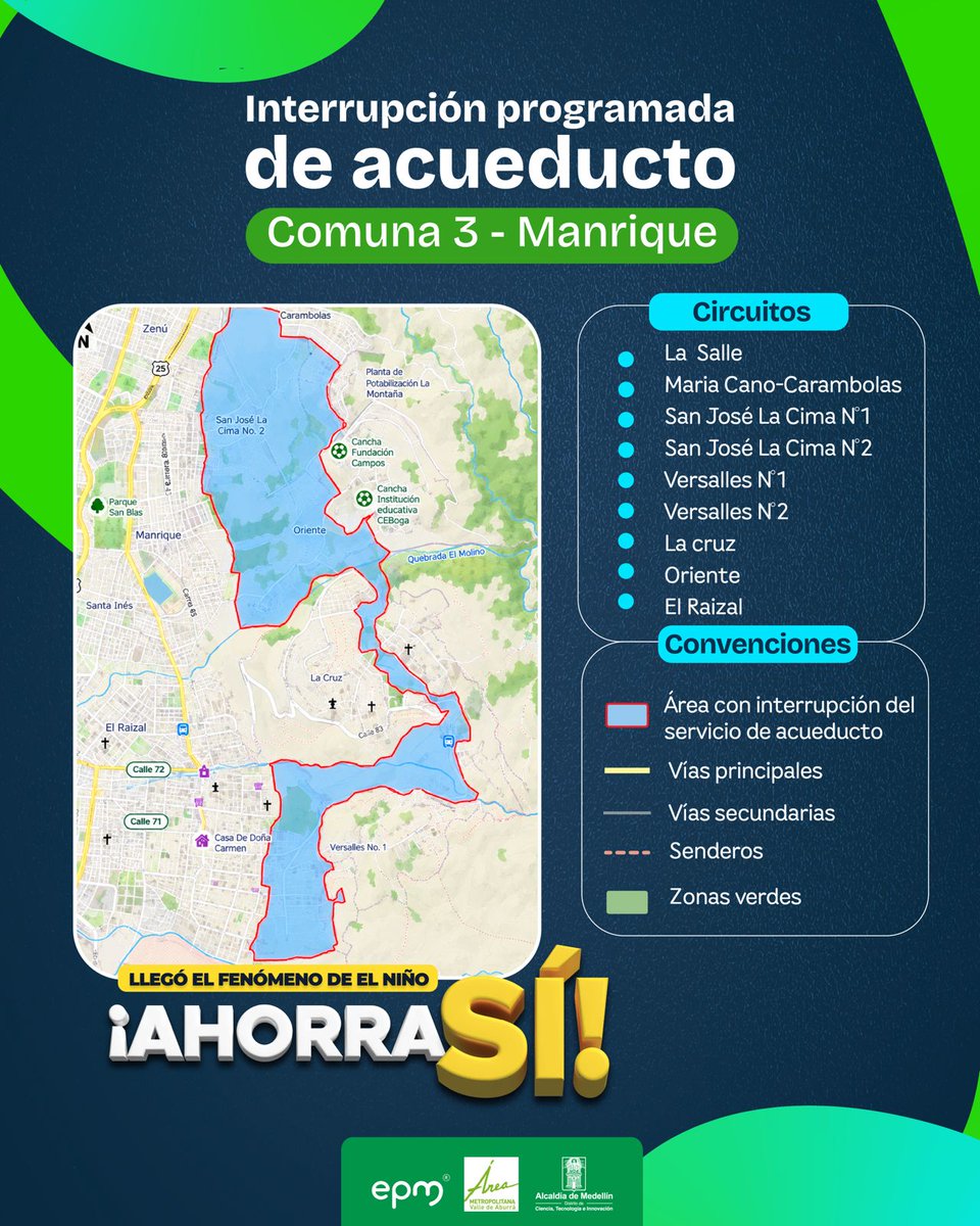 EPMestamosahi's tweet photo. Compartimos los horarios sobre el esquema 1 de las interrupciones programadas de acueducto por las condiciones del fenómeno de El Niño.  📅 https://t.co/oRoxdUugnp