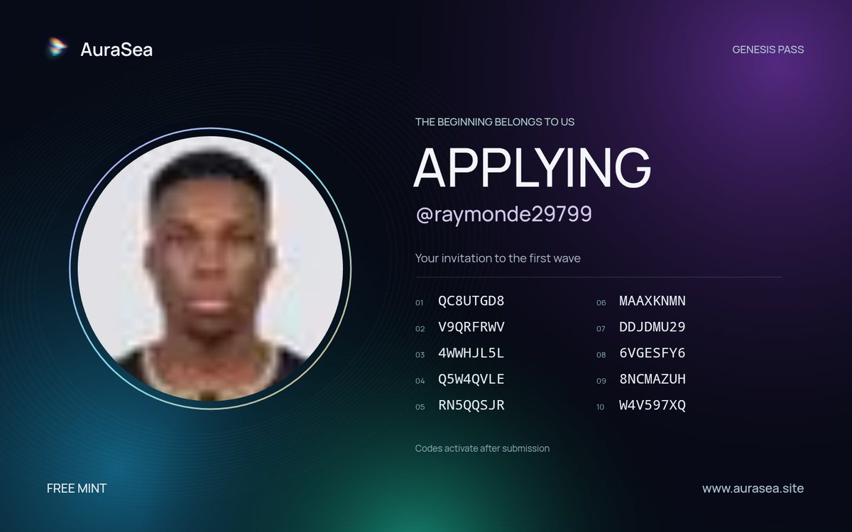 RaymondE29799's tweet photo. I’m applying for the @auraseaonly Genesis Pass FREE MINT whitelist!

Apply here: https://t.co/Bv93ps6BjY

My codes activate after submission:
QC8UTGD8 V9QRFRWV 4WWHJL5L Q5W4QVLE RN5QQSJR MAAXKNMN DDJDMU29 6VGESFY6 8NCMAZUH W4V597XQ https://t.co/TvIotaxhMj