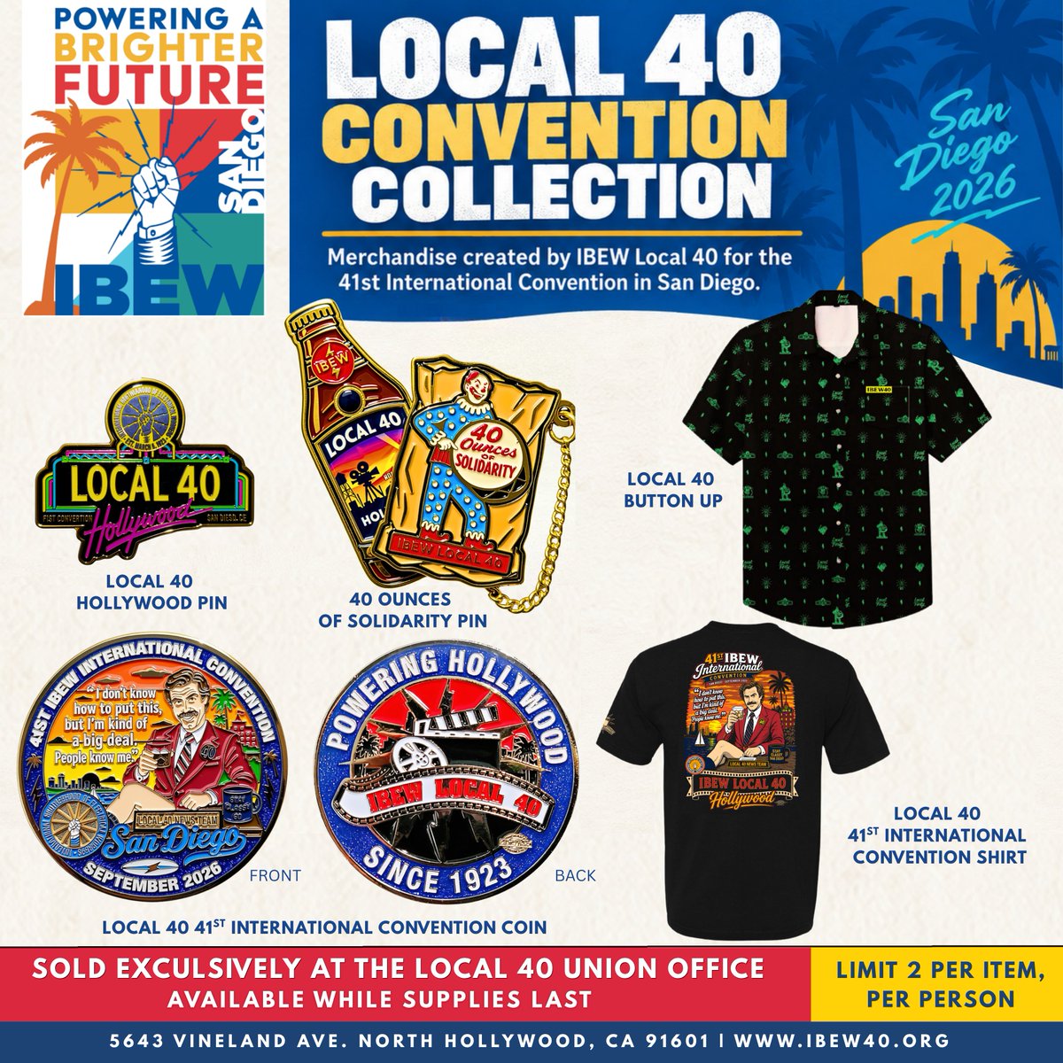 IBEWLocal40's tweet photo. THE LOCAL 40 CONVENTION COLLECTION HAS ARRIVED! ⚡️🌴Available exclusively at the IBEW Local 40 Union Office. https://t.co/vBkT7lBRbW