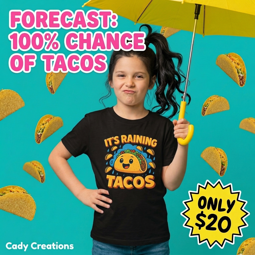 daniel_jose59's tweet photo. 100% chance your kid steals the spotlight and the snacks. Our “It’s Raining Tacos” youth tee is soft, playground-proof, and full of sass. Just $20, sizes S–XL. https://t.co/bTFv6A75PU