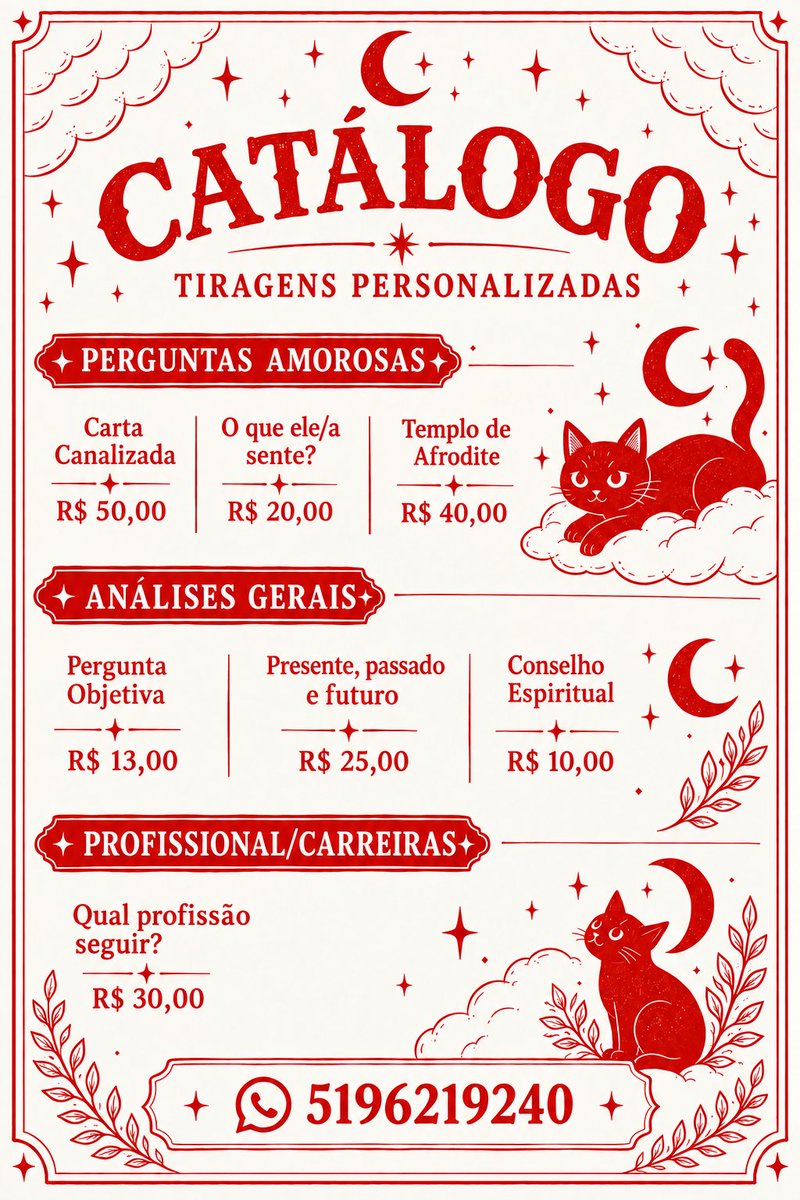 theantisexclub's tweet photo. Catálogo novo 🐈‍⬛🌟

Tiragens a partir de 10 reais com tarot e baralho cigano

Vem que eu voltei com tudo

Tarot | Cartomante | Baralho cigano | Tarologa https://t.co/86blcRBeqT