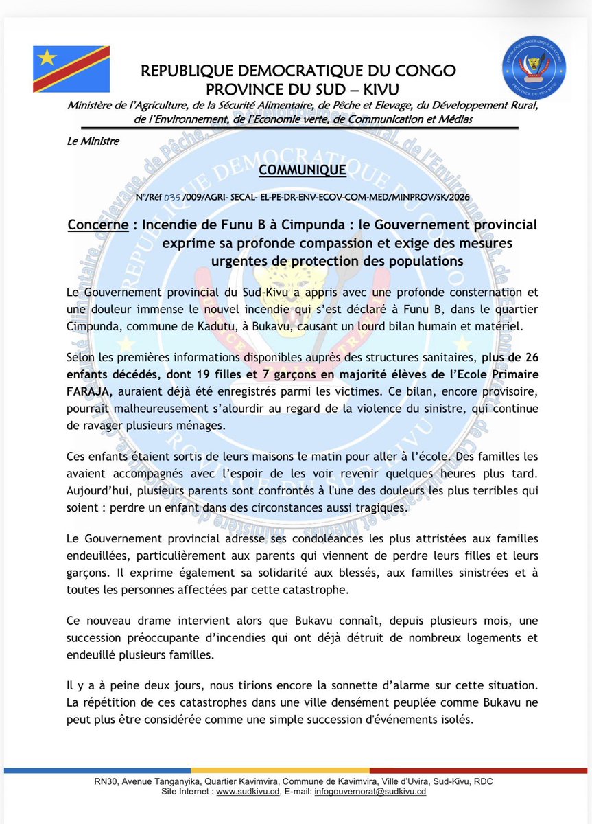Christe44294276's tweet photo. #RDC 🇨🇩 Le bilan de l’incendie survenu à Cimpunda, à Bukavu, est passé à 26 morts, en majorité des élèves de l’école primaire Faraja. https://t.co/uYs53ue4hj