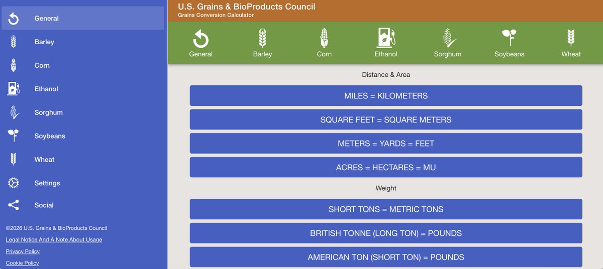 usgrainscouncil's tweet photo. 📲 USGBC Conversion Calculator Simplifies Working with Agricultural Units

Looking to convert bushels to metric tons? Gallons to liters? Square feet to square meters? Our conversion app quickly and conveniently converts grain data.

The app easily converts between English and metric ton units for U.S. barley, corn, sorghum and related products, including distiller’s dried grains with solubles (DDGS) and ethanol. A recent update to the app’s display has made calculating large sums on the go easier thanks to commas and decimals that will be automatically added to relevant quantities.

To download, just search “USGBC Grains Calculator” on your phone’s app store.  The app is accessible in English, Arabic, Japanese, Mandarin, Spanish, French and Korean.

Learn more about the app or use the web version at https://t.co/4Y7liFYmjI.

#Calculator #Grains26