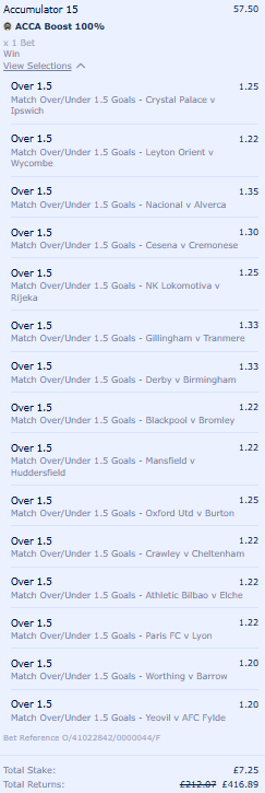 QuantumPunts's tweet photo. Saturday over 1.5 goals 15 fold

3 in a week? Unlikely, but we'll have a go! https://t.co/eIV3jLLQMV