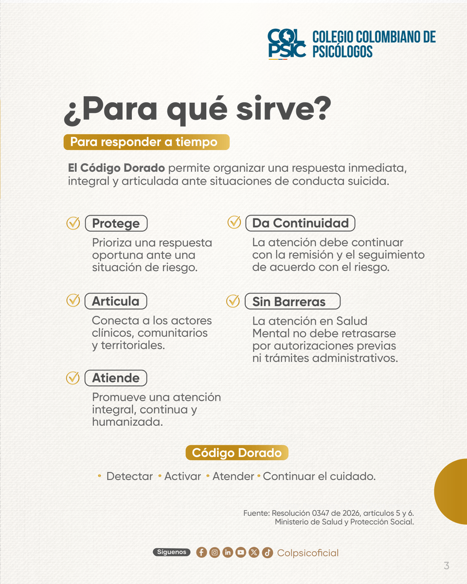 ColpsicOficial's tweet photo. Código Dorado: una respuesta oportuna para cuidar la vida.

Ante situaciones de conducta suicida, ideación o intento, el Código Dorado activa una respuesta inmediata, integral y articulada, tanto en los servicios de salud como en el ámbito comunitario. https://t.co/yg1ZJfgZEl