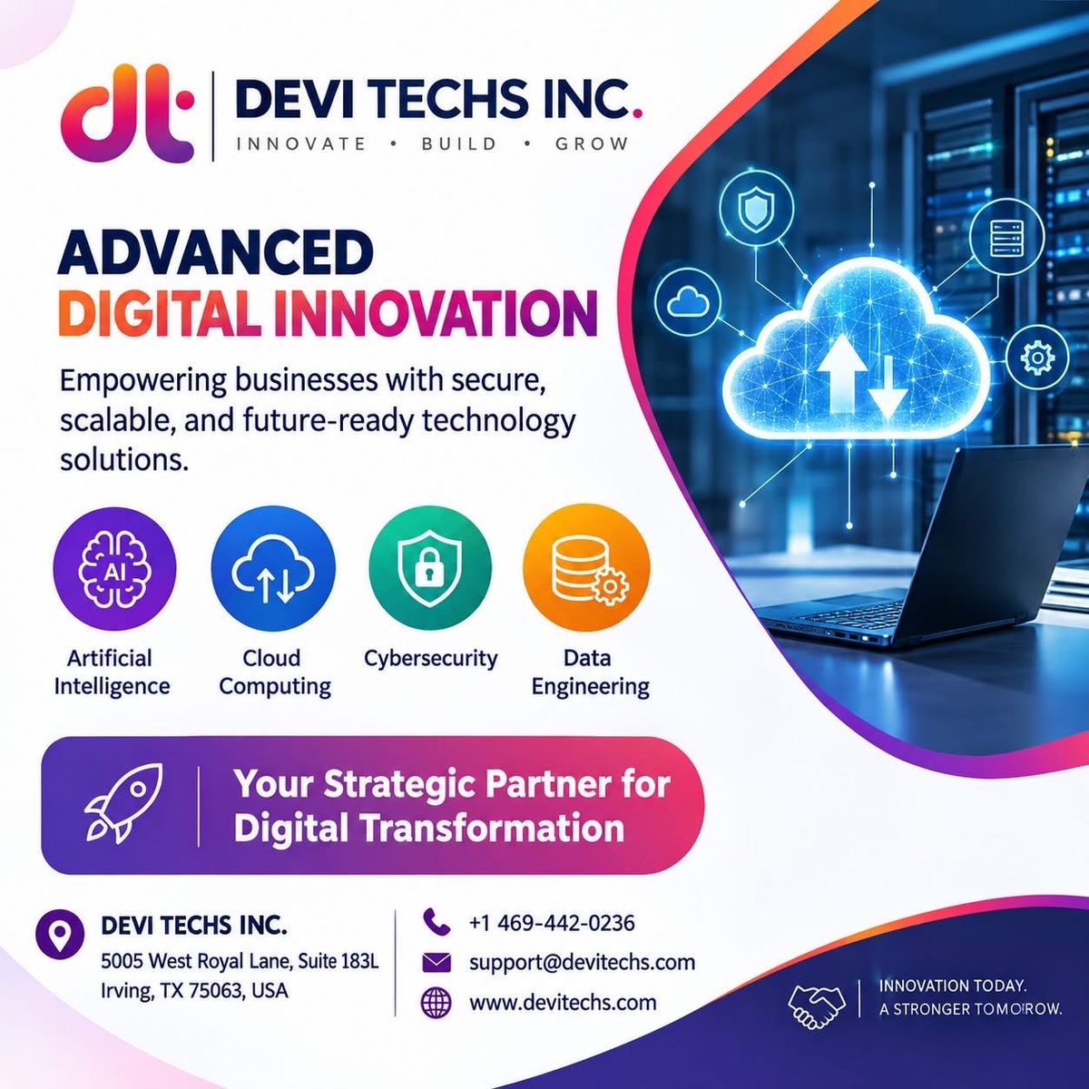 devitechs_inc's tweet photo. 🚀 Powering the Future with Advanced Digital Innovation!

Devi Techs INC. delivers secure, scalable, and client-centric technology solutions that help businesses accelerate digital transformation.

#DigitalInnovation #AI #CloudComputing #Cybersecurity #DataEngineering https://t.co/M869CEEtgD