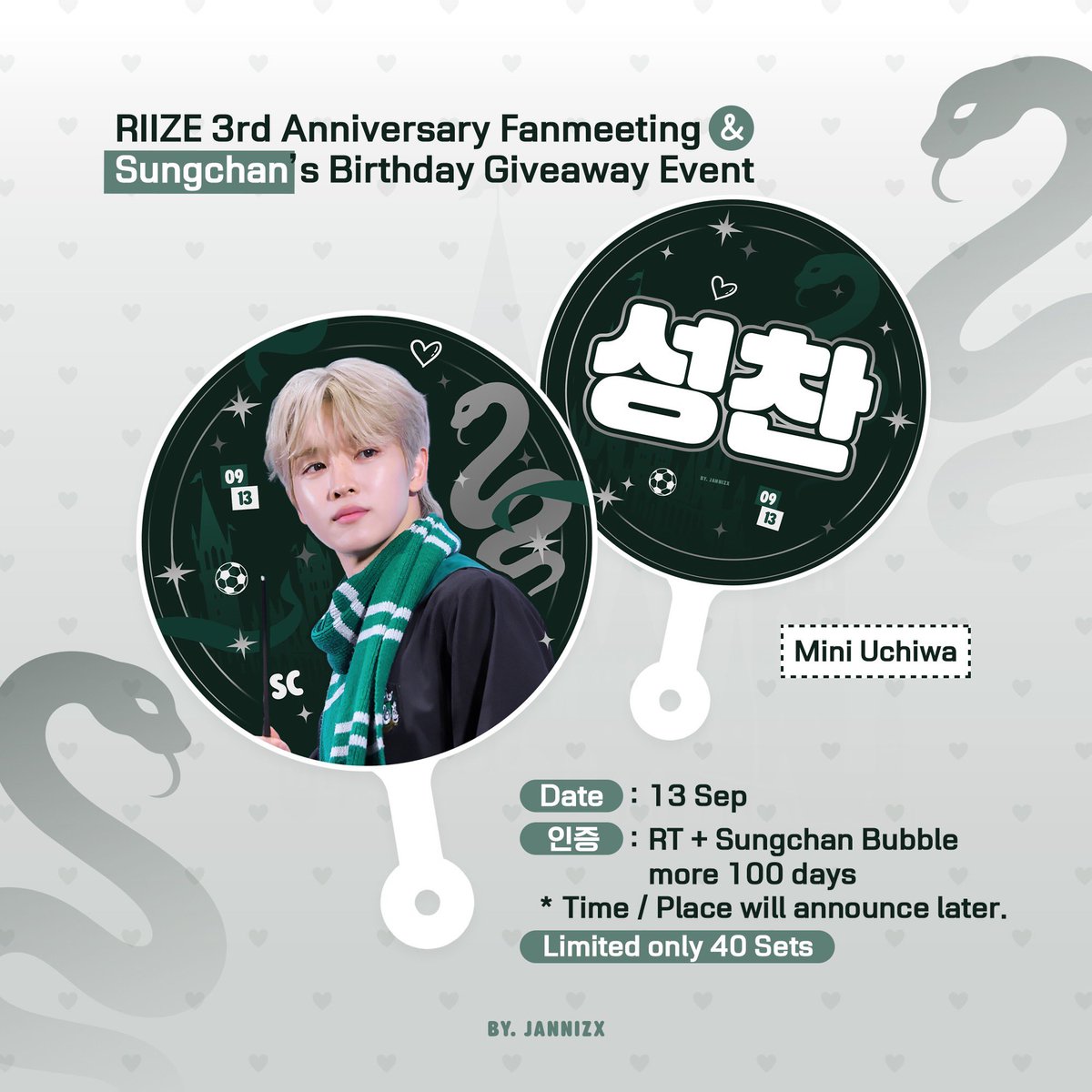 JannizX's tweet photo. ✨ 𝗥𝗜𝗜𝗭𝗘 𝟯𝗥𝗗 𝗔𝗡𝗡𝗜𝗩𝗘𝗥𝗦𝗔𝗥𝗬 𝗙𝗔𝗡𝗠𝗘𝗘𝗧𝗜𝗡𝗚 &amp; ꜱᴜɴɢᴄʜᴀɴ ‘ꜱ ʙɪʀᴛʜᴅᴀʏ ♡ ♡

♡ 라이즈 3주년 팬미팅 &amp; 성찬 생일 미니 우치와 나눔

°˖✧ 9월 13일
°˖✧ 시간 , 장소는 당일 공지
°˖✧ 층 40세트
°˖✧ RT + 성찬 버블 100일이상 인증

#라이즈 #RIIZE #성찬 #SUNGCHAN https://t.co/gq6ZkfOcnT