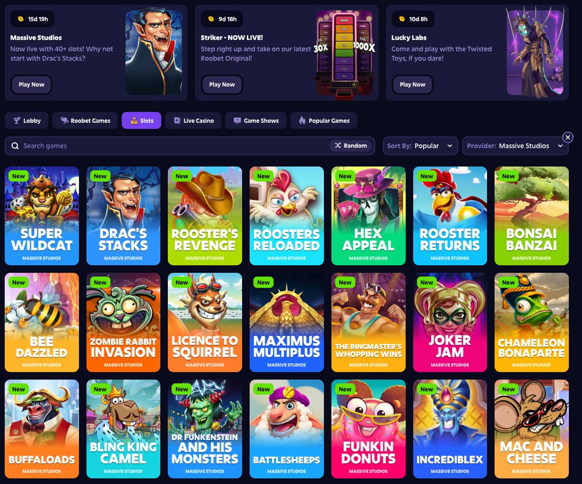 JuicePlayGames's tweet photo. Massive game tiles looking 🔥🔥🔥 at @Roobet https://t.co/uRLfVkrDGa