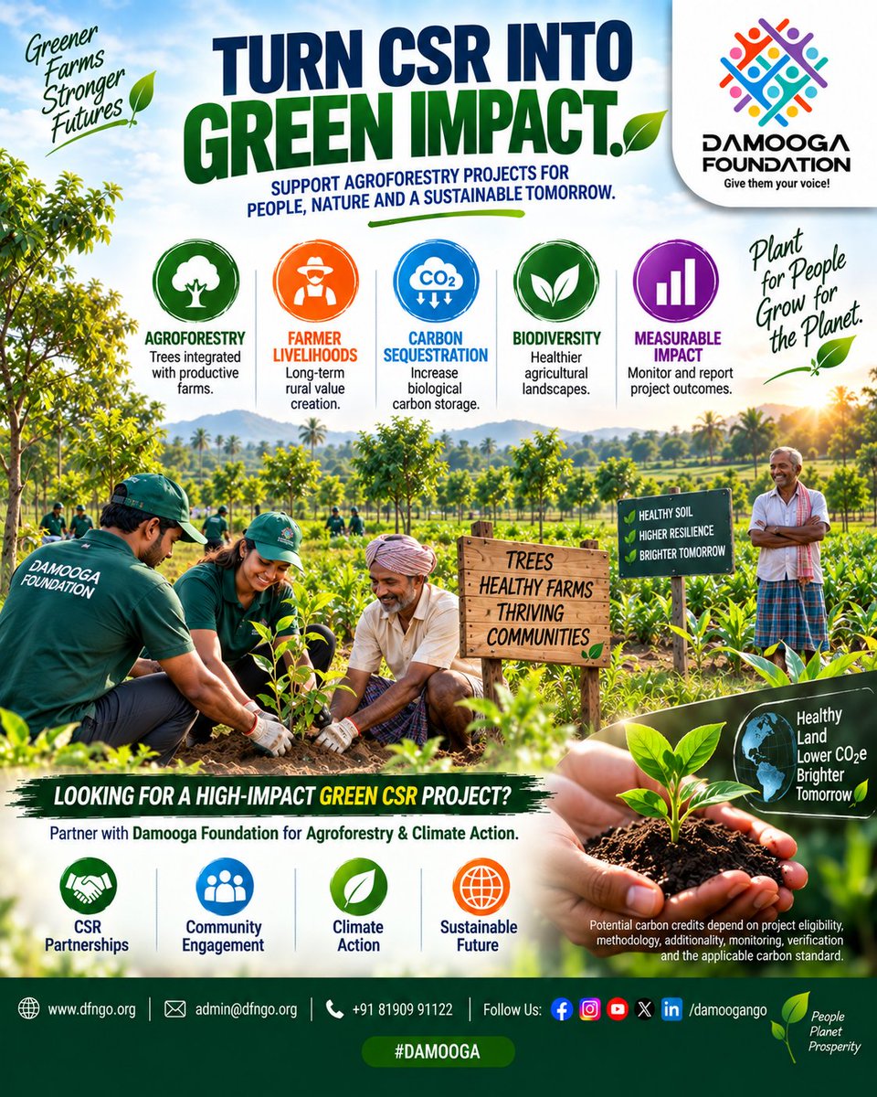 damoogango's tweet photo. 🌱 Turn CSR Into Green Impact

Support agroforestry that strengthens farms, farmer livelihoods and climate action—while creating potential for measurable carbon benefits.

#Agroforestry #CSR #CarbonCredits #ClimateAction #DAMOOGA https://t.co/Wn0FJY3zo8