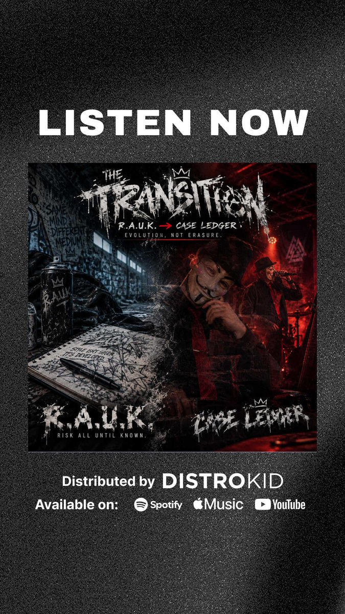 CaseLedgerPunk's tweet photo. THE TRANSITION IS HERE.

R.A.U.K. → CASE LEDGER
 Evolution. Not Erasure.
This is the bridge between where I started and where the story goes next.

If you’ve been following R.A.U.K., this is the beginning of the next chapter.

🎧 Listen now on Spotify:
https://t.co/kiP8qlcbh4 https://t.co/id0MgzBKwc