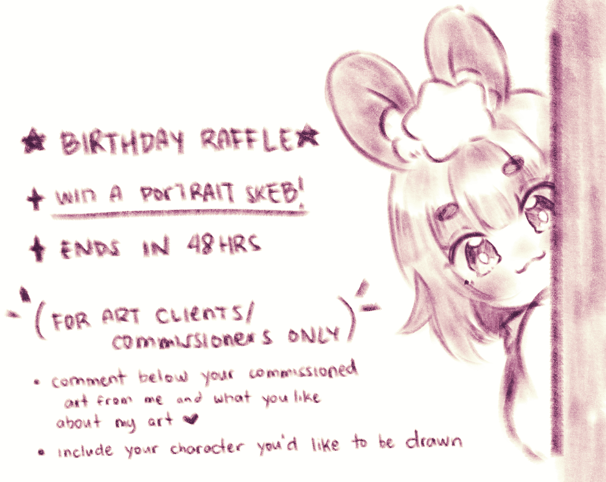 StarBunniie's tweet photo. 🎉Quick Birthday art raffle! 🎉
🚨ENDS IN 48HRS | 09/13
 ✨WIN A SKEB PORTRAIT ✨

a little thank you raffle for my clients q//w//q
will do another one when I could again~ https://t.co/6WJklCep2P