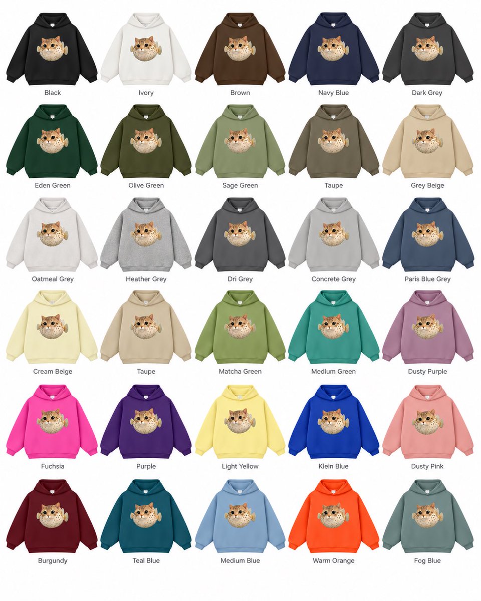 PanPanworkshere's tweet photo. important question: what color should we order our puffercat hoodie in? @pangram https://t.co/yidKoMbjRs