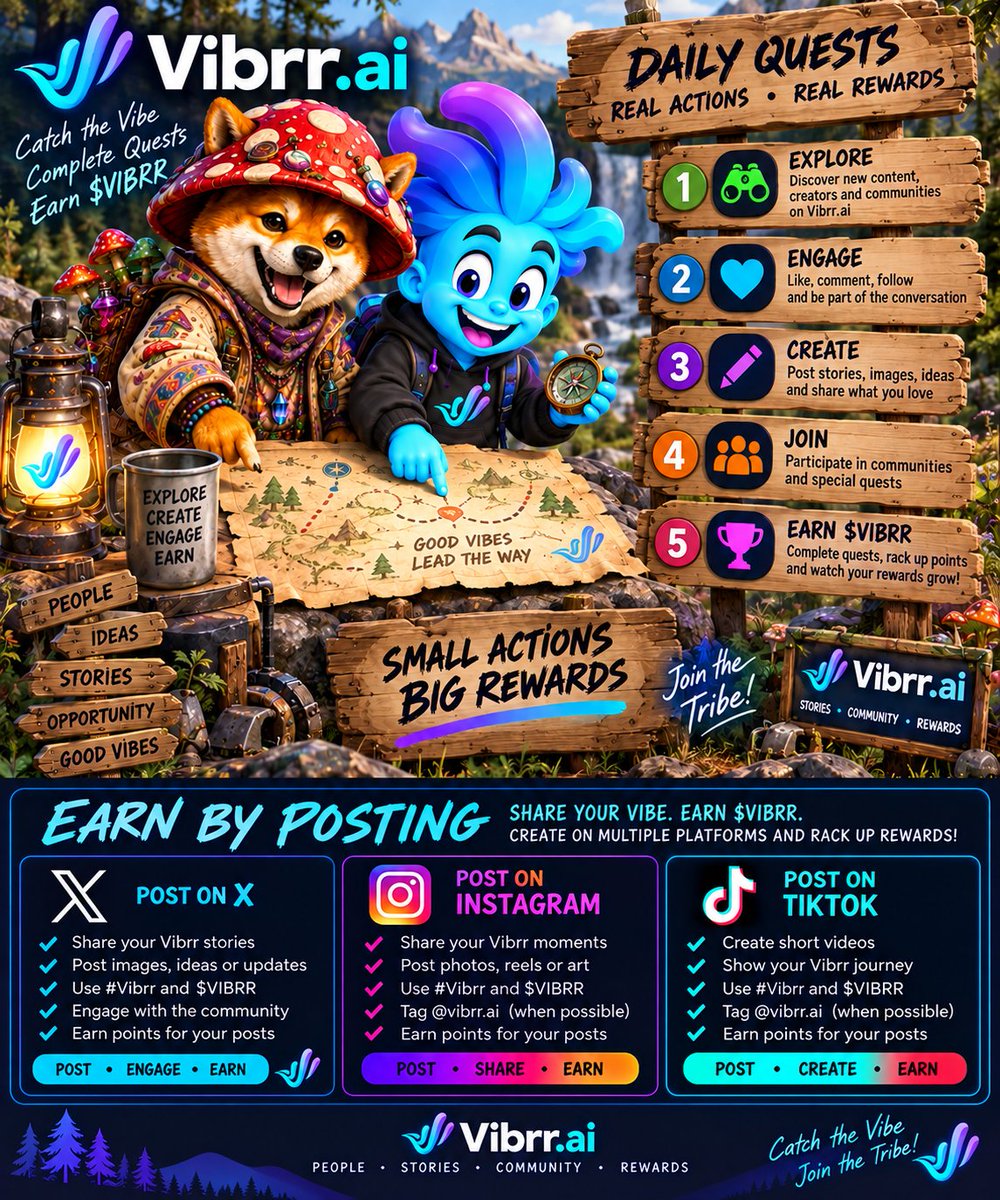 tat2ude11's tweet photo. Daily quests = daily opportunities. ⚡
Post on X, Instagram & TikTok, complete quests, engage with the community and earn $VIBRR along the way.
Catch the Vibe. Join the Tribe. 🌊
https://t.co/8JzFqYRZ5a
#VIBRR #XPRNetwork #SHROOM https://t.co/hiufy1NHM3