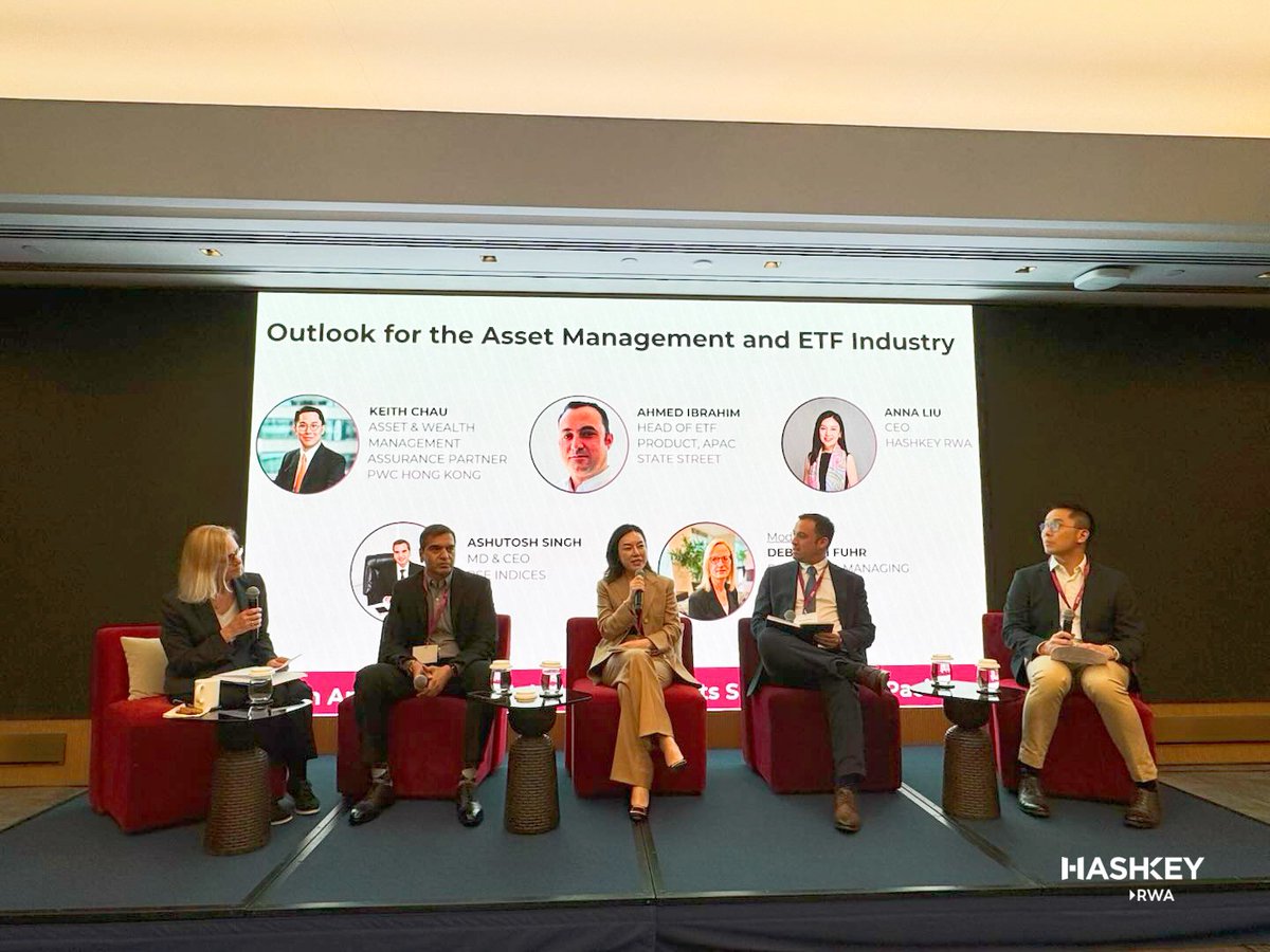 HashKeyRWA's tweet photo. Tokenised ETFs can open new ways to access traditional assets. But new access alone won’t bring new capital on-chain.

At @etfgi's Outlook for the Asset Management and ETF Industry panel, Anna Liu, CEO of HashKey RWA, joined representatives from PwC, State Street and BSE Indices to discuss the future of asset management, ETFs and tokenisation.

Looking ahead, she also sees blockchain enabling small, continuous AI-generated revenue streams to be distributed at scale.

From existing assets to new types of income, tokenisation could extend what financial infrastructure makes possible. Read more https://t.co/nftk1K3Xw1