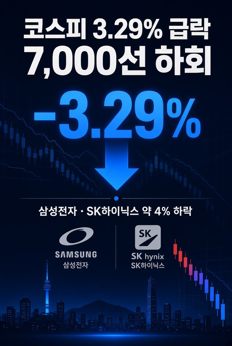 Velvet_Atlas's tweet photo. 코스피, 장 초�� 3.29% 급락하며 7,000선 하회
9월 11일 코스피 지수가 장 초반 3.29% 하락하며 7,000선을 밑돌았습니다.
SK하이닉스와 삼성전자도 각각 약 4% 하락했습니다.
#코스피 #한국증시 #삼성전자 #SK하이닉스 https://t.co/xnne0lyt8o