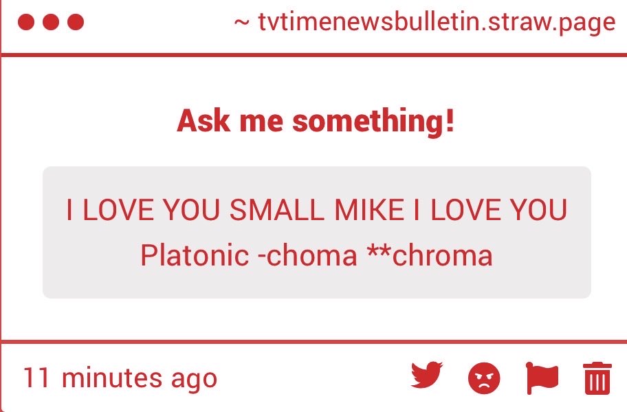 TVTimeNewsRoom's tweet photo. “I LOVE YOU SMALL MIKE I LOVE YOU Platonic -chroma”

Mii-hyike, all night!! I see why the boss loves an eager audience so much - and here I thought I was the Mike who croons and groans, HAH!! But stick to Motormouth, will ya? I stay COMPACT so I don’t clog up the air waves!!! https://t.co/ojaONV2IwZ