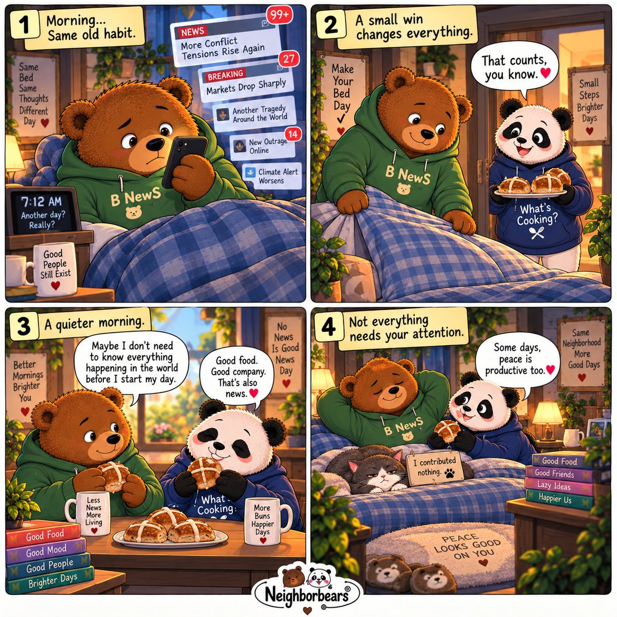 neighborbears's tweet photo. Some mornings, you don’t need another update—you need a reset 🐻🐼
Make the bed. Share a bun. Laugh with someone you love.
Let the world wait outside for a little while.
Peace is productive too. ❤️
#NeighborBears #WebComics #Couples #MakeYourBedDay #NoNewsIsGoodNewsDay https://t.co/a9KjYoo3z1